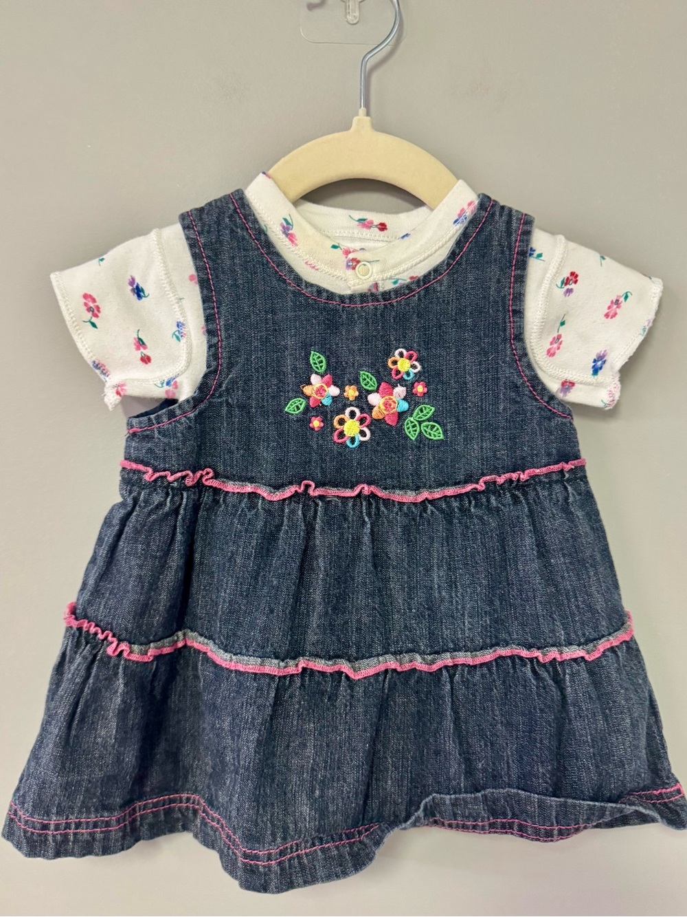 Denim Tiered Floral Dress with White Floral Tee - Pink Accents